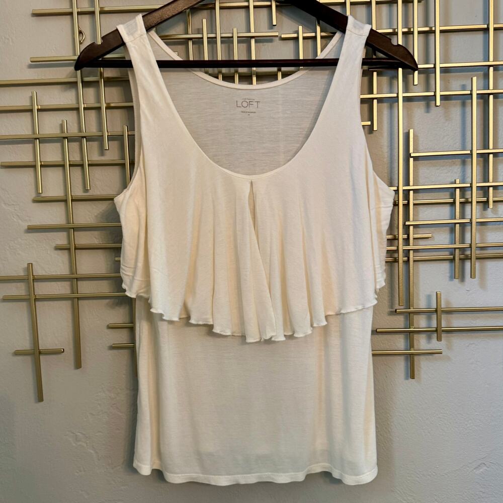 LOFT White Ruffle Front Sleeveless Tank Top Medium